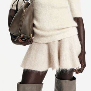 H&M Light Beige Wool Mohair Blend Elastic Waist Skater Flair Mini Skirt Size L